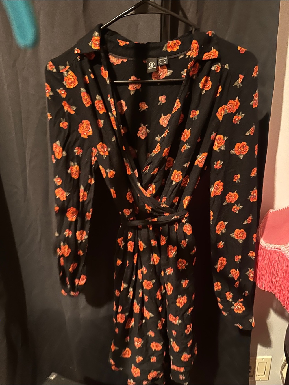 Volcom Black Wrap Dress with Red Rose Print